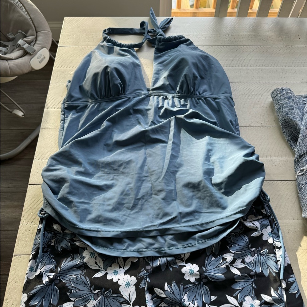 Summer Mae Maternity swimsuit blue with tropical floral pattern.
